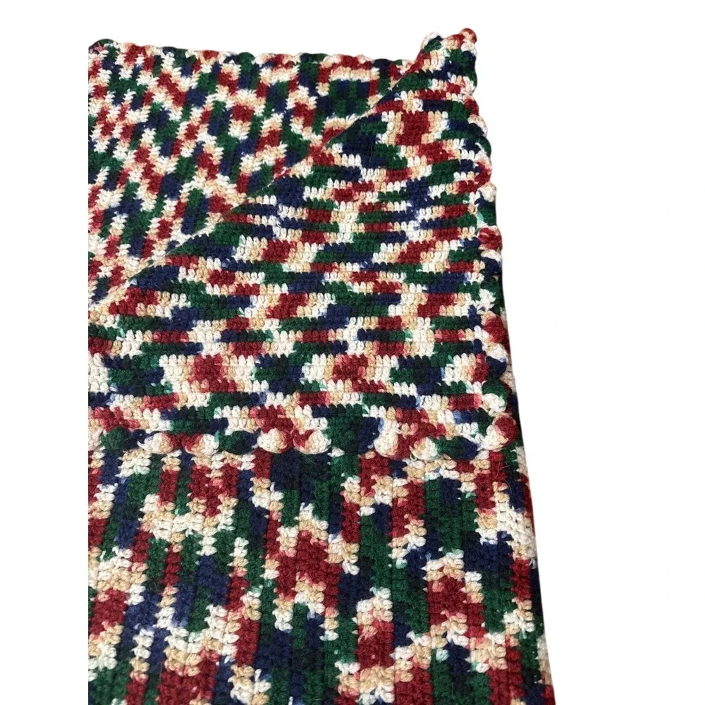 Vintage Handmade‎ Crochet Afghan Blanket Multi Color Navy Green Red Cream 60x39